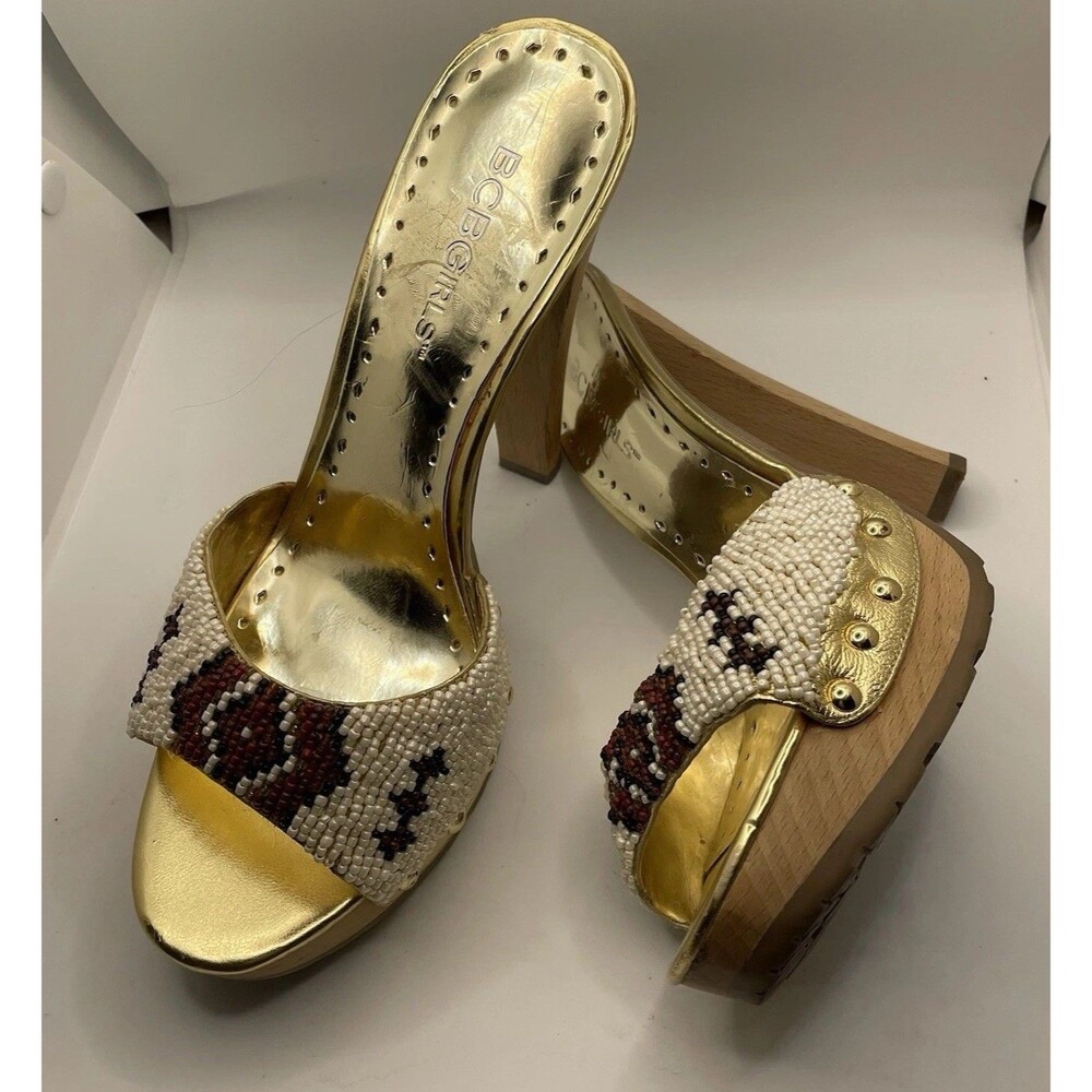 BCBG Beaded  Gold Vintage Y2K Woden Platform Heels Size 7 - Picture 5 of 6